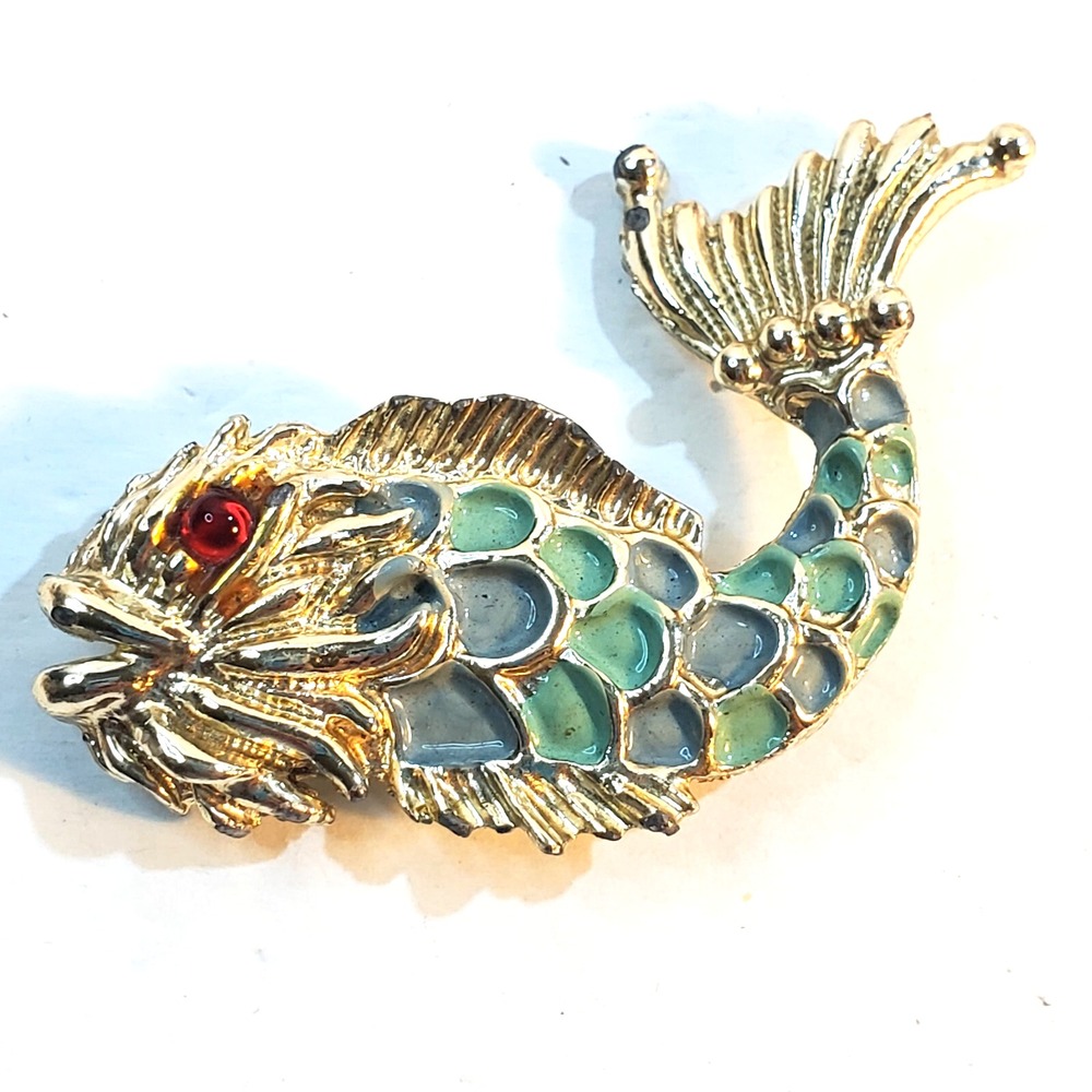 Vintage Gold Tone Green Blue Enamel Fantasy Fish Serpent Red Eye Brooch Pin